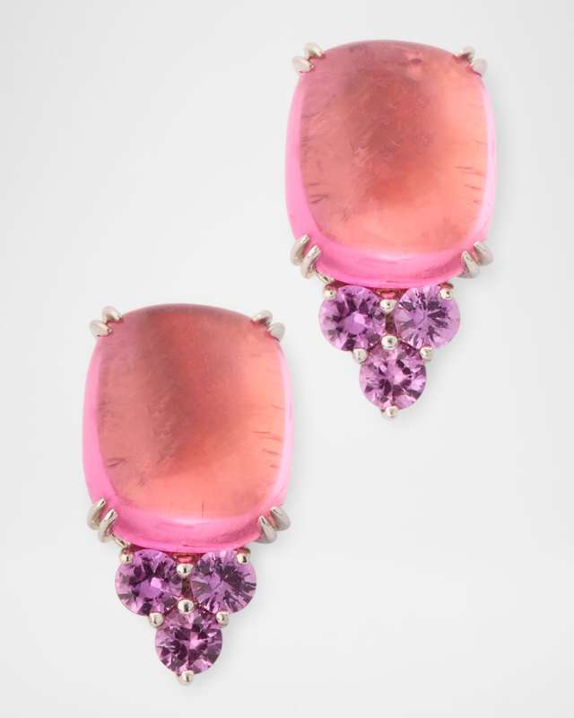 18K White Gold Pink Tourmaline Cabochon and Pink Sapphire Earrings